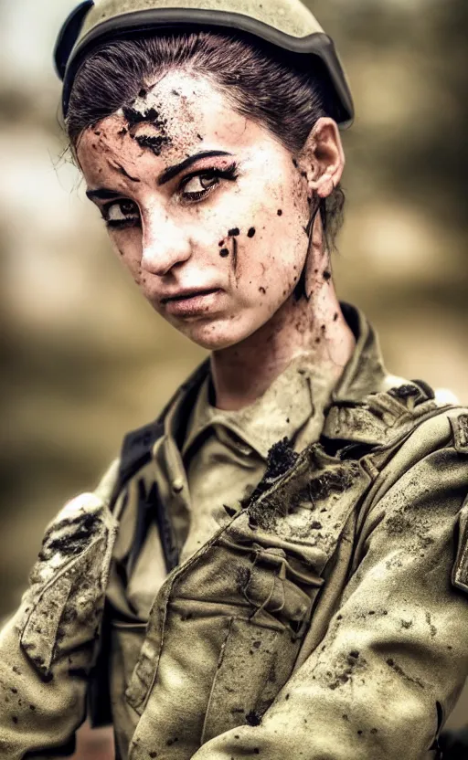 Prompt: portrait photo of an italian soldier girl, highly detailed, dirt splash and smoke in the background, high resolution, cosplay photo, stunning, girls frontline style, bokeh soft, shot on 70mm, zenithal lightning, trending on instagram, by award winning photographer, realistic human anatomy, real human faces, realistic military carrier, soldier clothing, modern warfare, in combat stance, shot with a professional camera, low saturation, soldier clothing