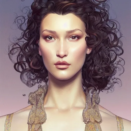 Prompt: ultra realistic illustration, bella hadid wearing a curly english mustache, intricate, elegant, highly detailed, digital painting, artstation, concept art, smooth, sharp focus, illustration, art by artgerm and greg rutkowski and alphonse mucha