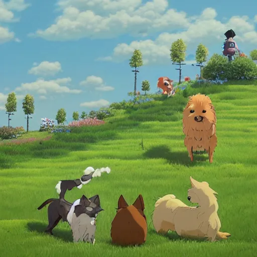 Prompt: grid on 4 dogs on green landscape by hayao miyazaki, studio ghibli and gediminas pranckevicius, very high detail