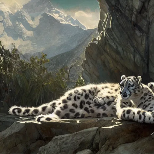 Image similar to Concept art, A shiny snow leopard sitting by snow mountains, 8k, alphonse mucha, james gurney, greg rutkowski, john howe, artstation