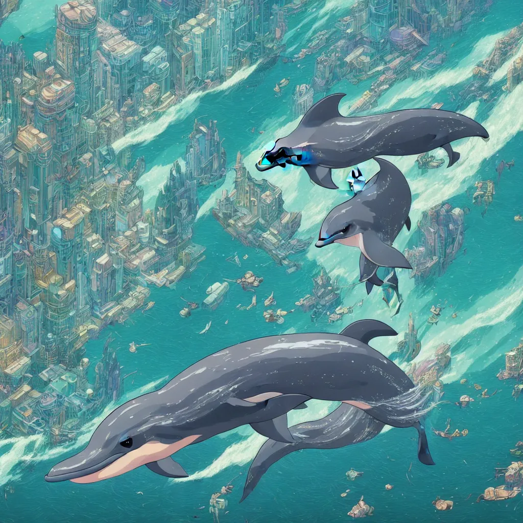 Image similar to a beautiful hyperdetailed character design 4 k wallpaper illustration of a cute dolphin, city by the sea, victo ngai cyberpunk style, from china, style of studio ghibli, makoto shinkai, raphael lacoste, louis comfort tiffany, artgerm, james jean, ross tran, chinese style