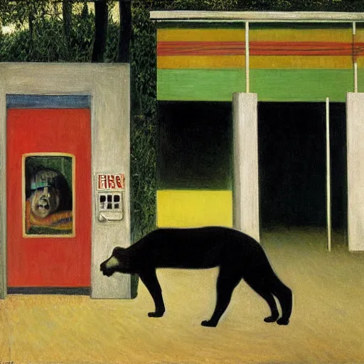 Prompt: a black beast walking in an abandoned gas station, by Henri Rousseau, by Klimt, by Hopper