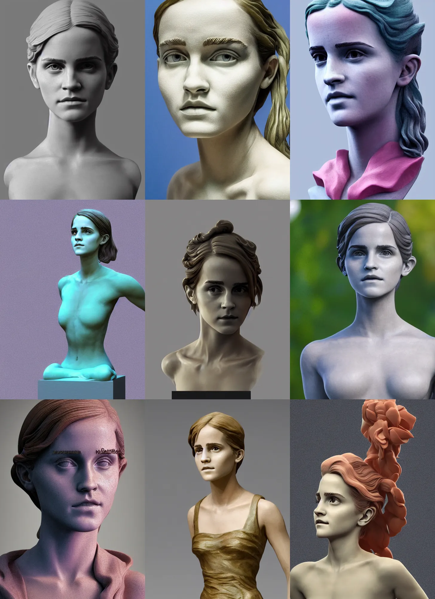 Prompt: 3D print resin sculpture of Emma Watson by Jean-Baptiste Carpeaux and Luo Li Rong and Michael Wilkinson, beautiful body, perfect symmetrical face, colorful, fresh colors, half length shot, elegant, academic art, realistic, 8K, Product Introduction Photo, Hyperrealism. Subsurface scattering, raytracing, soft light, Octane Render, Redshift, Zbrush, simple background