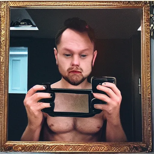 Prompt: satan in his underpants mirror selfie