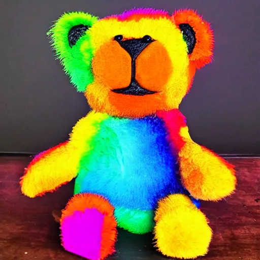 Image similar to teddy bear vomiting rainbow, photorealistic