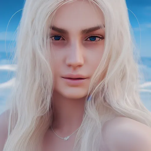 Image similar to woman with long blonde hair wearing white clothing siting on a beach, beautiful, 8k, highly detailed, realistic, octane render, cgi, artgerm, digital artwork, professional art, sakimichan, rutkowski, trending on artstation, perfect face, portrait,