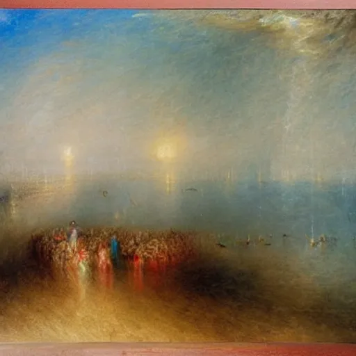 Prompt: a symphonic orchestra playing by the sea in the style of turner