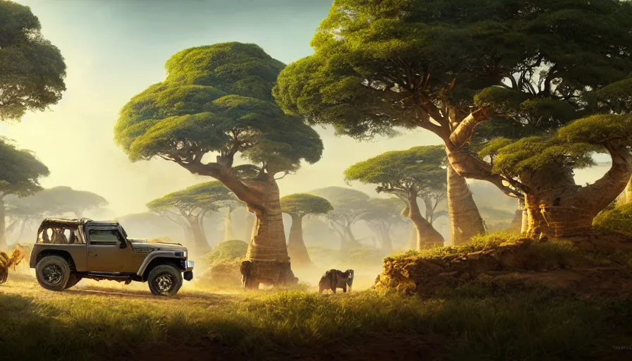 Image similar to mahindra thar driving through madagascar road with baobabs trees, drone view, animals running along, artgerm and greg rutkowski and alphonse mucha, an epic fantasy, volumetric light, detailed, establishing shot, an epic fantasy, trending on art station, octane render, midsommar