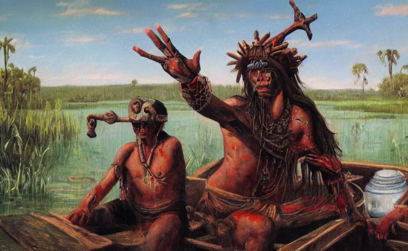 Prompt: an aztec cultist on a boat in the swamp in the style of romanticism, oil painting