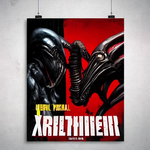 Prompt: xenomorph and predator movie poster.