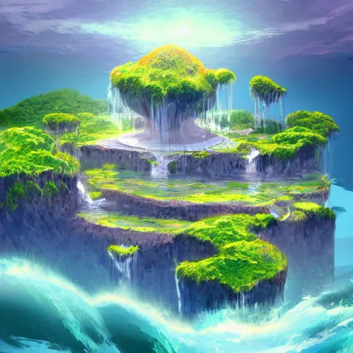 Prompt: Floating Islands in the Sky Over the Ocean, Cascading Waterfalls, Palace on One of the Floating Islands, Digital Painting, Artstation