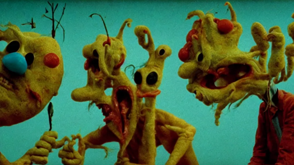 Image similar to the pizza creature eats, film still from the movie directed by wes anderson and david cronenberg with art direction by zdzisław beksinski and dr. seuss