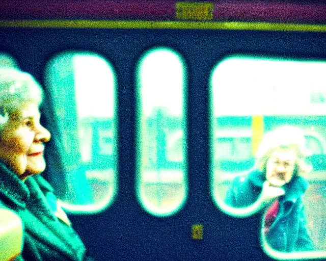 Image similar to a lomography photo of rumble between two grandmoms in soviet train this morning, bokeh,