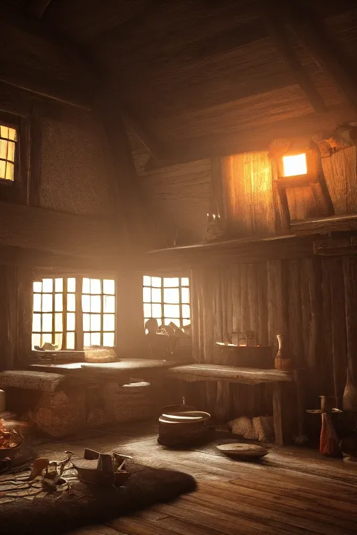 Prompt: ultra realistic old Viking communal houses interior with campfire lights and old wooden furniture, concept art, octane rendering, trend in artstation, 4k