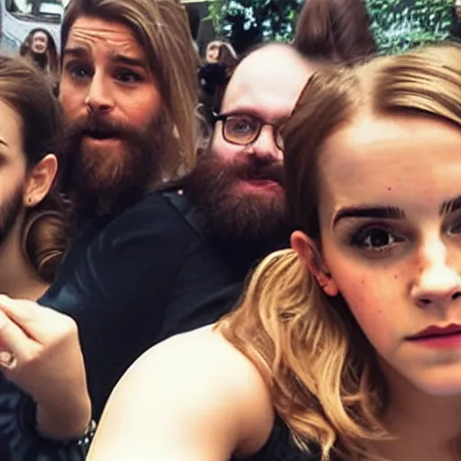 Image similar to a bearded emma Watson taking a selfie with her fans