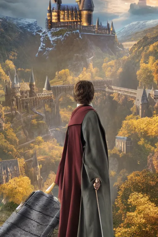 Image similar to Harry potter looking down to Hogwarts, happy after a long fight, photo-realistic, golden hour, epic