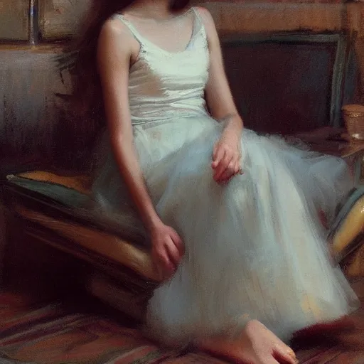 Image similar to girl with long hair, summer dress, sitting on designer chair, dramatic light, cinematic, bare feet, by jeremy lipking, jeremy mann, ron hicks, casey baugh