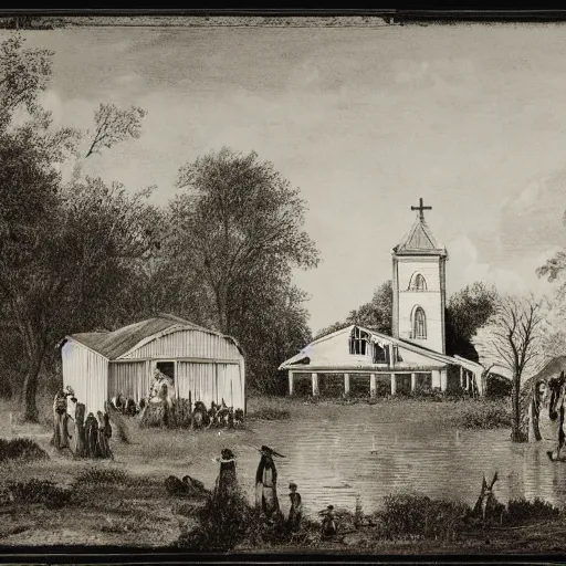 Prompt: 1 9 th century southern gothic scene of a religious gathering, louisiana, bayou in the background, old white wooden church