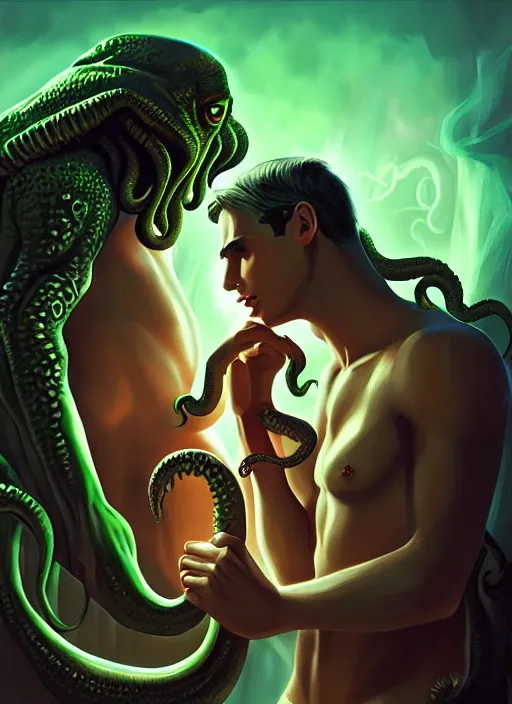 Image similar to mills and boon romance novel cover with cthulhu and fabio, they are in love, digital painting, artstation, concept art, smooth, sharp focus, warm lighting,