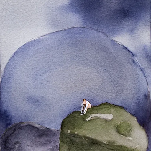 Prompt: rainy watercolor of sisyphus sitting on his boulder