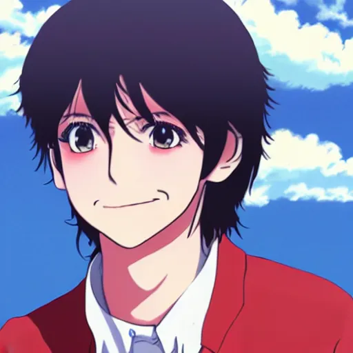 Prompt: anime illustration of young Paul McCartney from the Beatles, wearing a blue and white check shirt, on a yacht at sea, smiling at camera, white clouds, ufotable