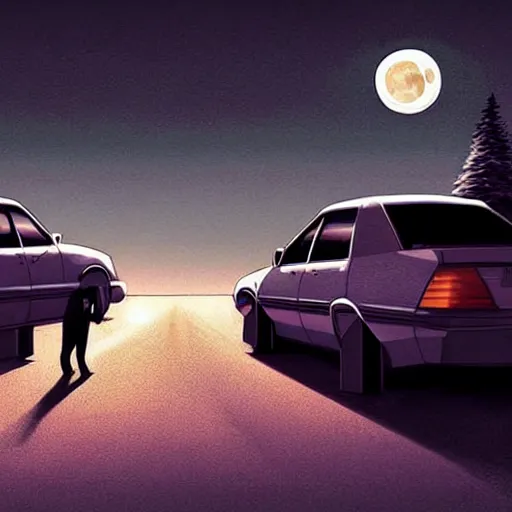 Prompt: Stunning Digital Art of Horrifyingly devastated man and woman hiding inside of a car while a werewolf howls at the moon outside by Stefan Koidl