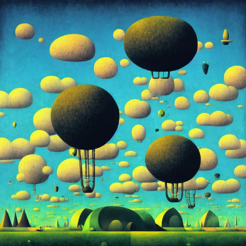 Prompt: surreal glimpse into other universe, airship floating, sky island, summer morning, very coherent and colorful high contrast, art by! gediminas pranckevicius, rene magritte! paul klee geof darrow, volumetric lighting, cinematic, floralpunk screen printing woodblock, dark shadows, hard lighting, stipple brush