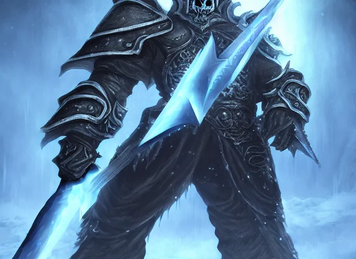 Image similar to the lich king with his mourneblade sitting on the frozen throne artwork by mendoza eddie, trending on artstation