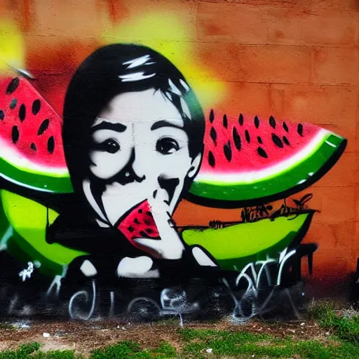 Image similar to noa kirel eats a watermelon, graffiti, photograph, made by banksy, yellow and brown colors, spray brush, midday, sunny, professional