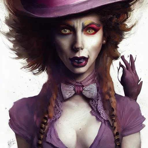 Prompt: realistic, full body portrait, attractive crazy female mad hatter, by Jordan Grimmer and greg rutkowski, crisp lines and color,