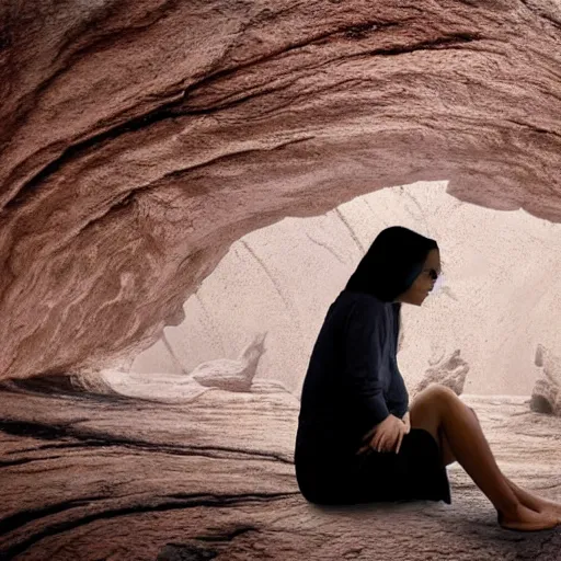 Image similar to Woman sitting under a ginormous rock overhead, partially cupping her hands, gesturing it outward!!!!! to the camera!!!!!, in a rainy environment, fisheye!!!!! lens!!!!!, rainy and wet atmosphere, closeup!!!!!, dark and grim lighting, trending on artstation, 4k, 8k