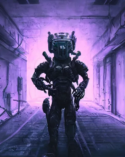 Image similar to Sci-Fi Crocodile alien, armored, big, art by Kashin, Wadim, Martinière, Stephan, Anton Fadeev, holding rifle, sharp focus, pitch black cursed evil Spaceship hallway, dark light, soft purple glow, heroic pose, sci-fi artwork, octane render, dead space artwork, cyberpunk, vivid colors, occult, magical, volumetric lighting, 8k high definition, highly detailed, trending on art Station, centered, by Greg Rutkovski, sci-fi artwork, arnold render