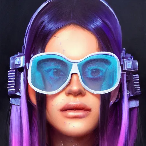 Image similar to very detailed masterpiece closeup painting of a very beautiful young mexican cyberpunk woman with light blue shutter shades, one side haircut, brown hair with light blue ends, purple leather jacket, beauty mark on cheek, portrait, synthwave background, artstation, concept art by greg rutkowski