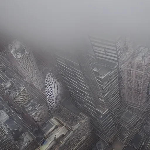 Image similar to the infinite spire stretches endlessly from the mist. stacks of jumbled buildings make up the impossible rainbow architecture.