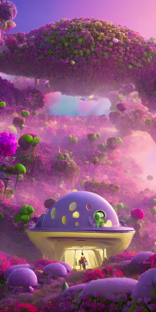 Image similar to humongous technologic flower - shaped house on a alien planet, by pixar, smooth, cinematic, wet reflections, ray tracing x, rtx, smooth