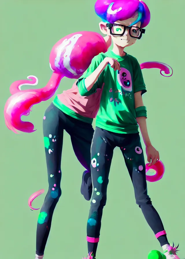 Image similar to a beautiful fullbody portrait of a cute splatoon anime boy with pink hair and green eyes wearing sports clothing tight leggings. character design by cory loftis, fenghua zhong, ryohei hase, ismail inceoglu and ruan jia. artstation, volumetric light, detailed, photorealistic, fantasy, rendered in octane
