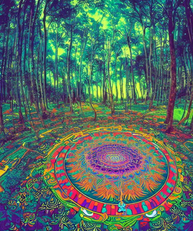 Image similar to a psychedelic forest mandala on the ground, wide angle landscape shot, pixar style by tristan eaton, artgerm and tom bagshaw