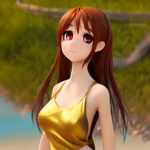 Image similar to Render of a very beautiful 3d anime girl, long hair, hazel eyes, cute freckles, full round face, short smile, cute sundress, golden hour, serene beach setting, medium shot, mid-shot, highly detailed, trending on Artstation, Unreal Engine 4k