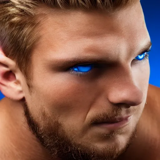 Image similar to photo of a close portrait of a handsome bodybuilder with blonde hair and blue eyes, studio lightning, 4 k, highly detailled