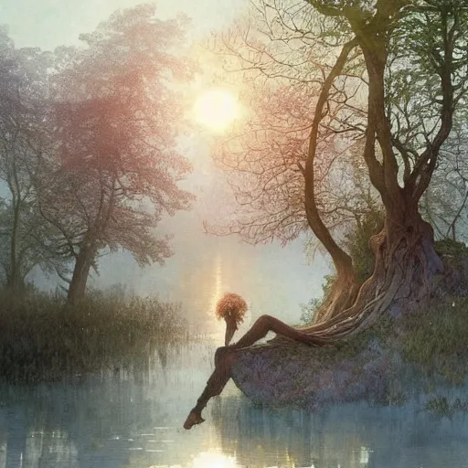 Image similar to a beautifull intricate watercolour painting of beautifull surreal tree in a serene field with lake, reflexions, verry high details by william turner art, greg rutkowski and alphonse mucha, trending on artstation, very very detailed, masterpiece, muted colors