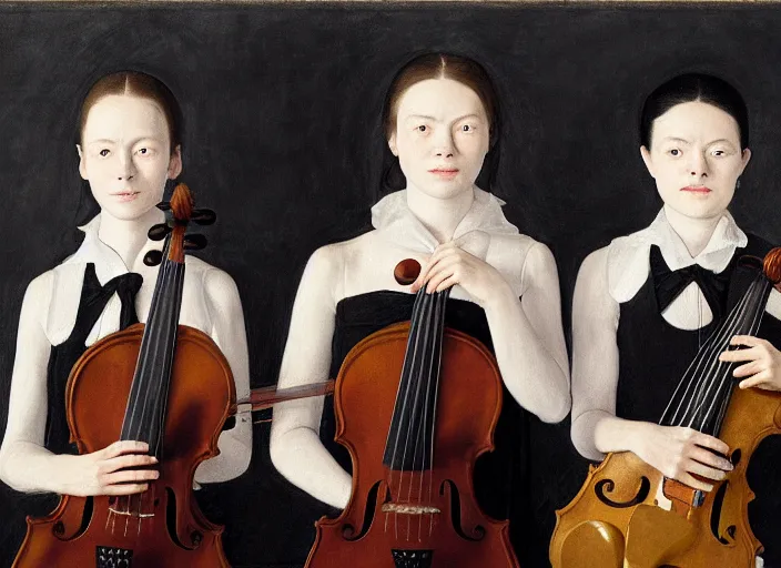 Image similar to portrait of two young nervous violin players getting ready to perform, half figure front, killian eng and pat steir and hilma af klint and james jean, psychological, photorealistic, symmetrical faces, intriguing eyes, rendered in octane, altermodern, masterpiece