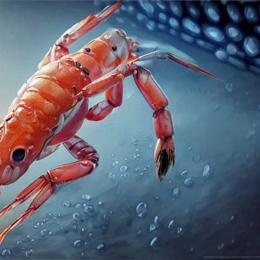 Image similar to ultra realist and ultra intricate detailed soft painting of a shrimp, from the waist up, sci-fi helmet, (symmetry features), sensual gloomy style, volumetric clouds, aquarium background, artstation, unreal render, depth of field