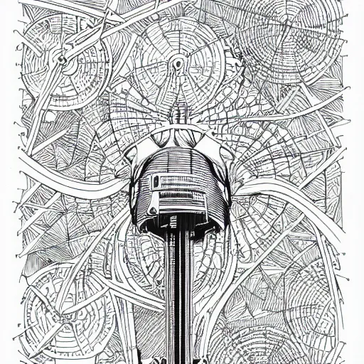 Image similar to Simplistic coloring book of a turbine blueprint, black ball pen on white paper, by Josan Gonzalez and Geof Darrow