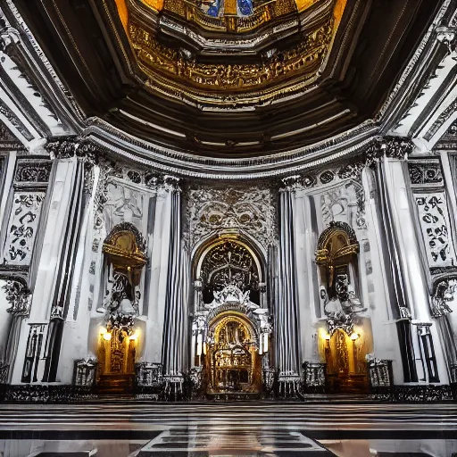 Image similar to white and silver interior of a majestic basilica in ornate Rocco style, high definition, dim lighting, award winning