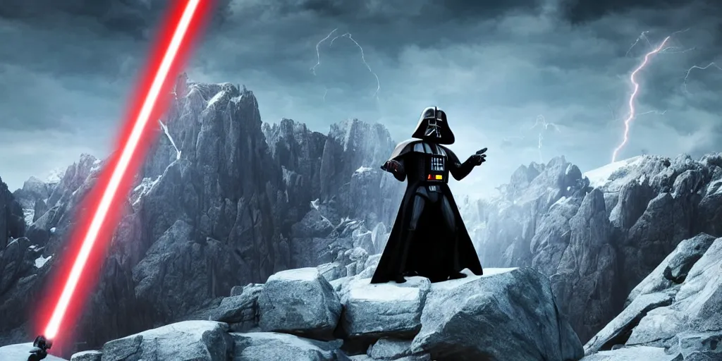 Image similar to Darth Vader playing electric guitar on top of mountain, epic landscape
