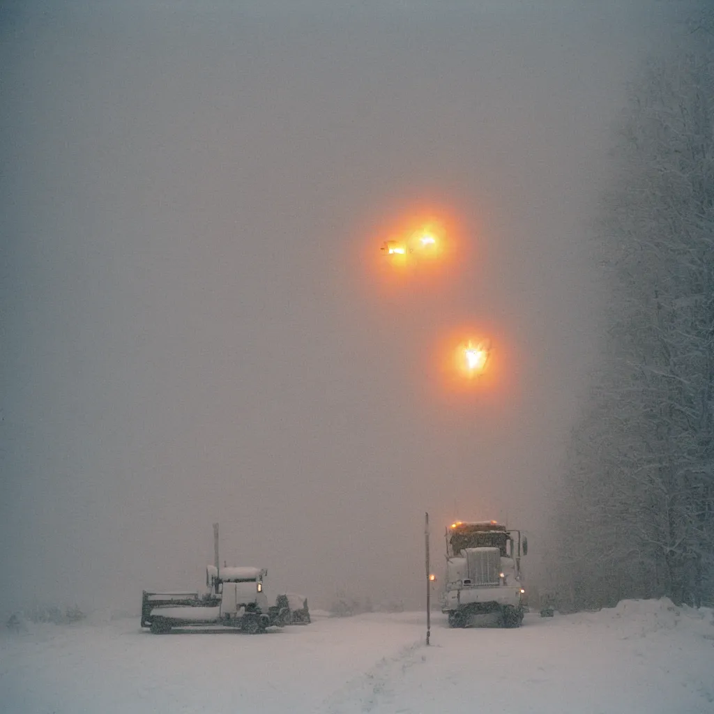 Prompt: photo, big snow plow truck is in the distance with a bright headlighta. cold color temperature, snow storm. hazy atmosphere. humidity haze. kodak ektachrome, greenish expired film, award winning, low contrast,