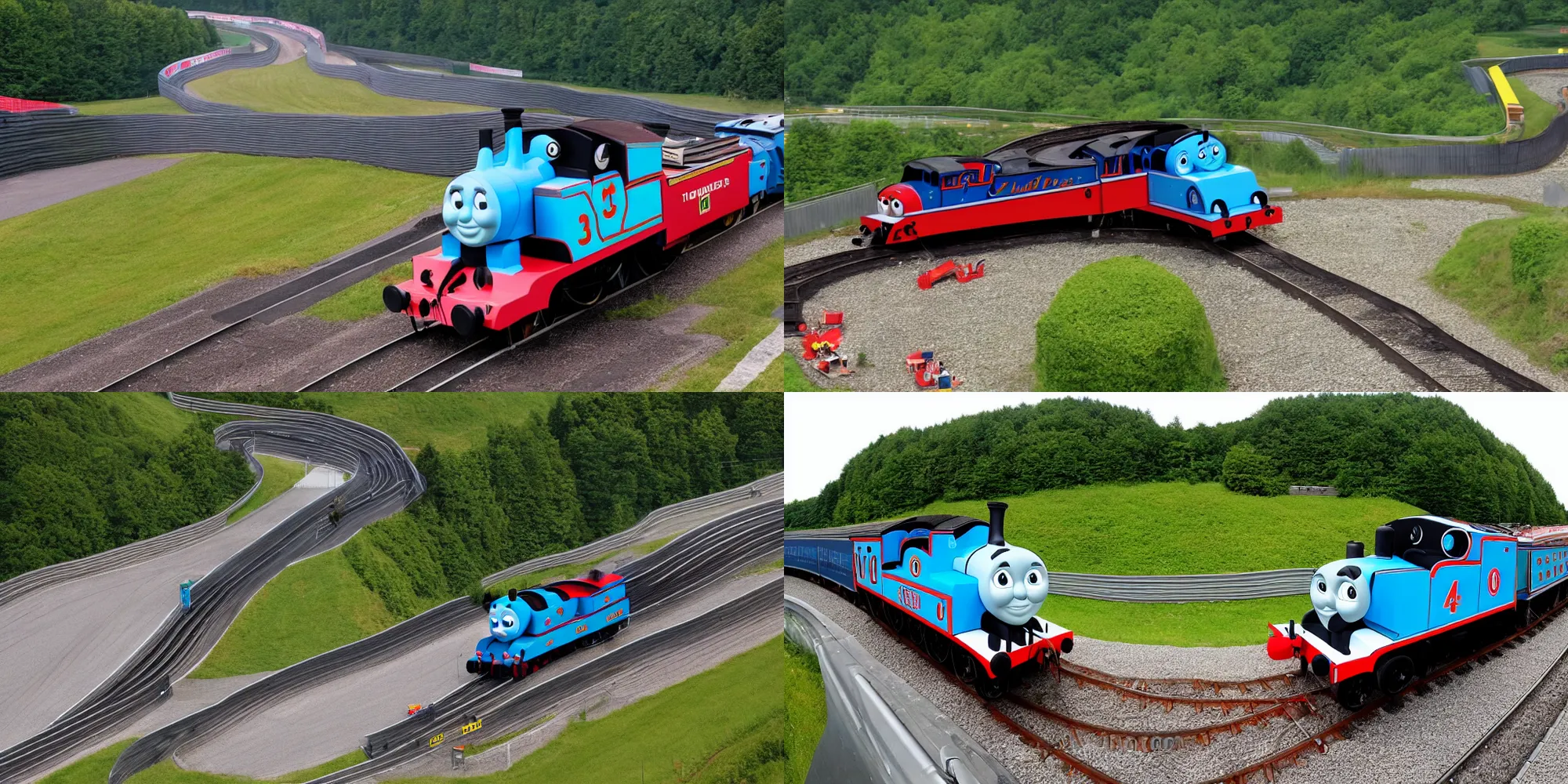 Prompt: Thomas the Tank Engine, drifting around a corner, on the race track at the Nurburgring Nordschleife. Setting a hot lap, on the race track. no train tracks