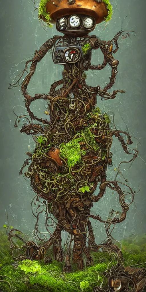 Image similar to a steampunk robot with mushrooms growing out of it's head, intertwined with fungus and vines, overgrown, moss, mycelium, detailed, 4 k, trending in artstation