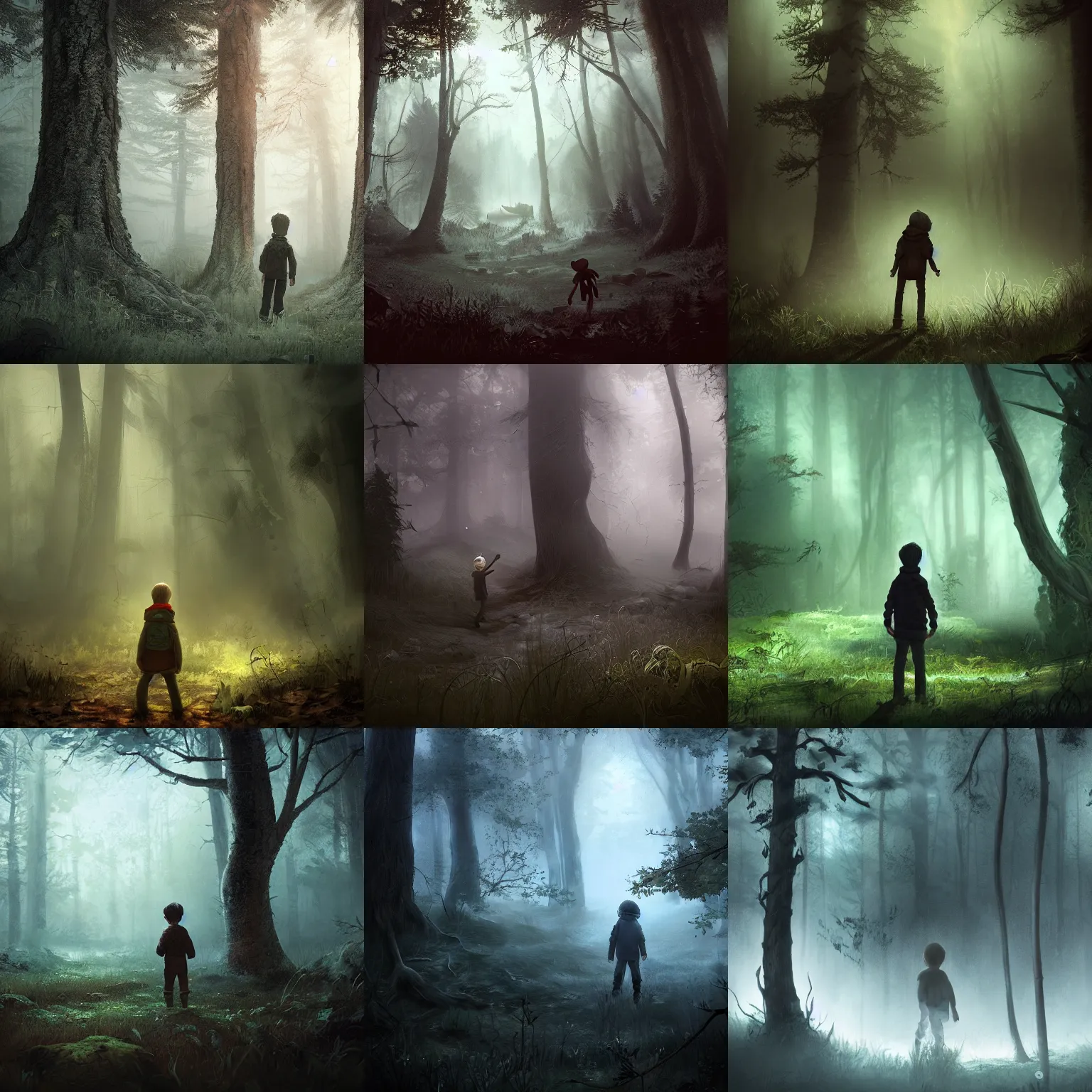 Image similar to a lost boy in the woods, horror, eldritch, unreal engine, dramatic lighting, digital art, mist, digital illustration, detailed environment, fantasy