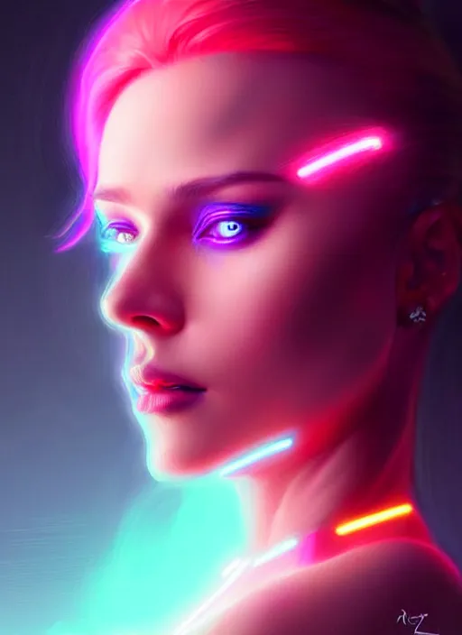 Image similar to portrait of female humanoid with dyed hair, intricate, elegant, cyber neon lights, highly detailed, digital illustration, artstation, pinterest, glamor pose, concept art, smooth, sharp focus, art by artgerm and greg rutkowski